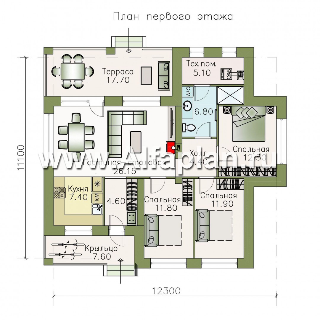 Проекты домов Альфаплан - «Волхов» - уютный одноэтажный коттедж с тремя спальнями - изображение плана проекта №1