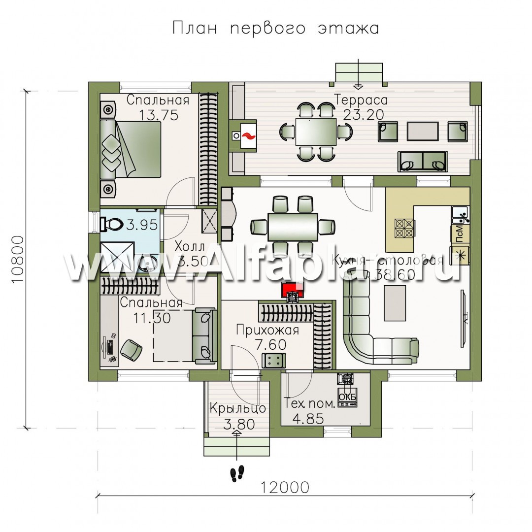 Проекты домов Альфаплан - «Альфа» - небольшой каркасный коттедж с двумя спальнями - изображение плана проекта №1