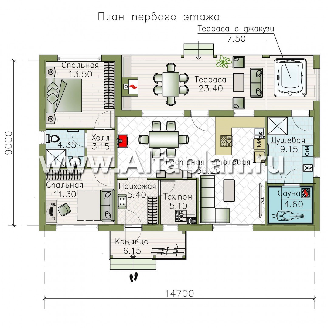 Проекты домов Альфаплан - «Зита» - просторный коттедж в один этаж с сауной и джакузи - план проекта №1