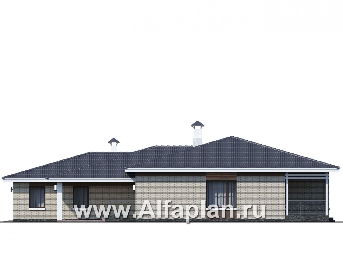 Проекты домов Альфаплан - «Покровка» - стильный одноэтажный коттедж с большим гаражом - изображение фасада №2