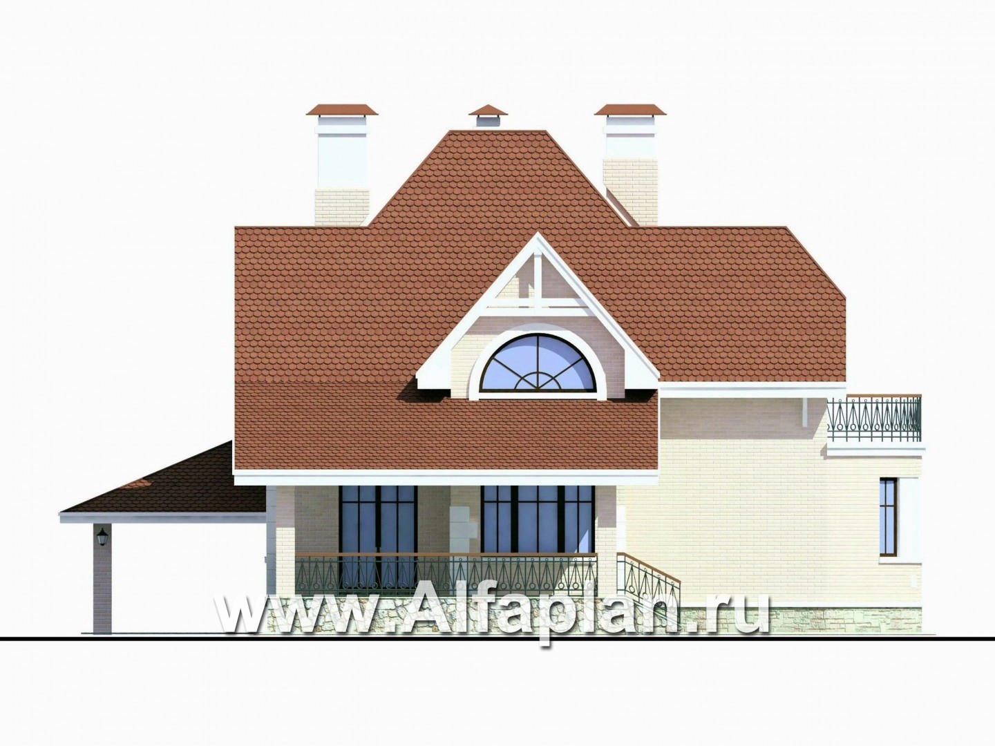 Проекты домов Альфаплан - «Ветер перемен»- коттедж с гаражом и навесом для автомобиля - изображение фасада №2