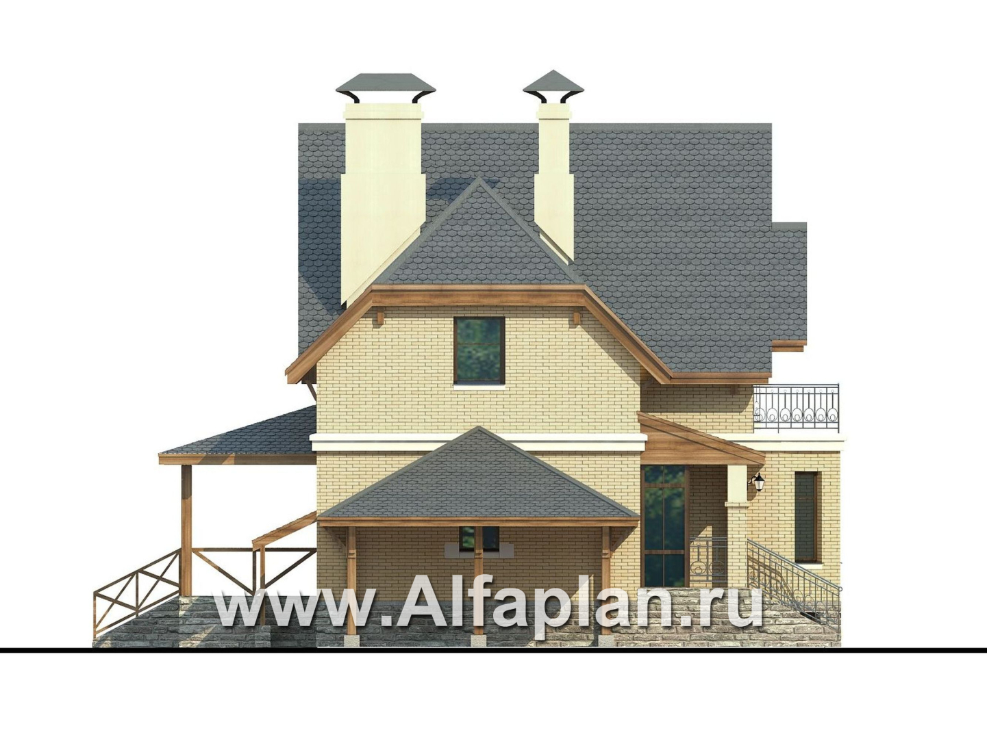 Проекты домов Альфаплан - Дом из газобетона «Шевалье плюс» с цокольным этажом - изображение фасада №3
