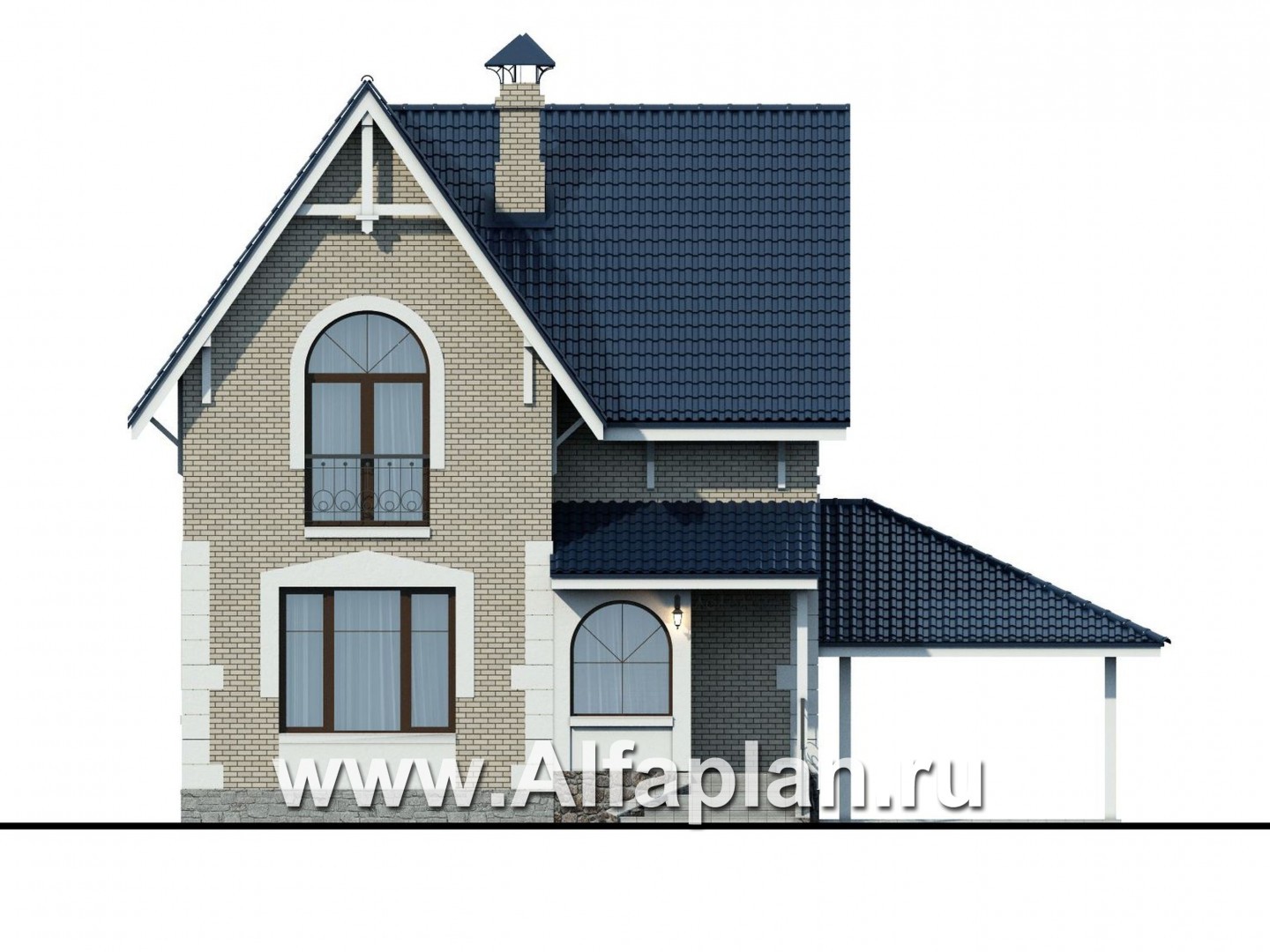 Проект дома с мансардой из газобетона «Оптима», планировка 3 спальни, с гаражом-навесом - фасад дома