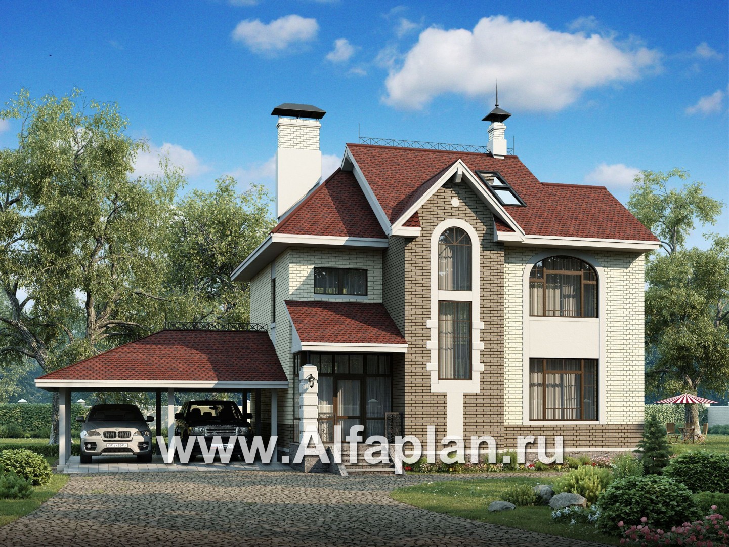 Проекты домов Альфаплан - «Дипломат Плюс» - дом с бильярдной и гаражом-навесом - основное изображение