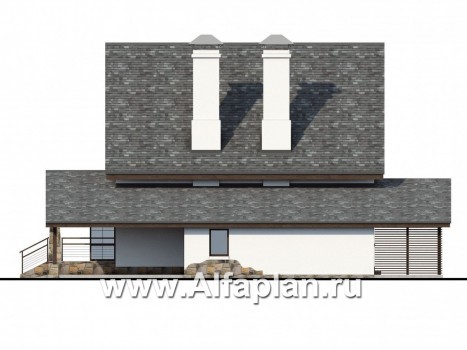 «Фьорд» - проект дома с мансардой, с сауной и с террасой, навес на 1 авто, в скандинавском стиле - превью фасада дома