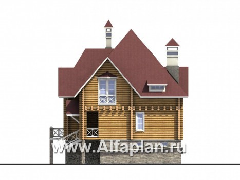«Транк Хаус» - проект деревянного дома, из бревен, с террасой, и цокольным этажом из кирпичей - превью фасада дома