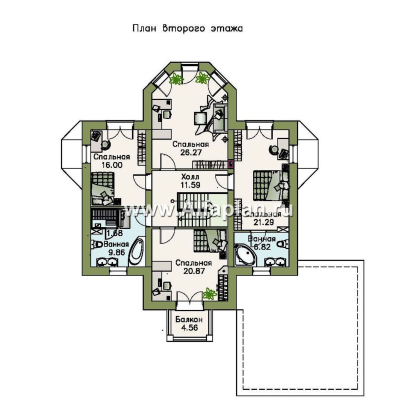 «Петровское барокко» - проект двухэтажного дома, лестница в центре гостиной, с эркером и с гаражом на 2 авто - превью план дома