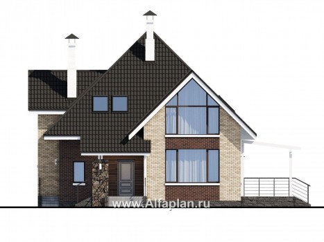 «Персей» - проект дома с мансардой, из кирпича, с террасой, современный стиль - превью фасада дома