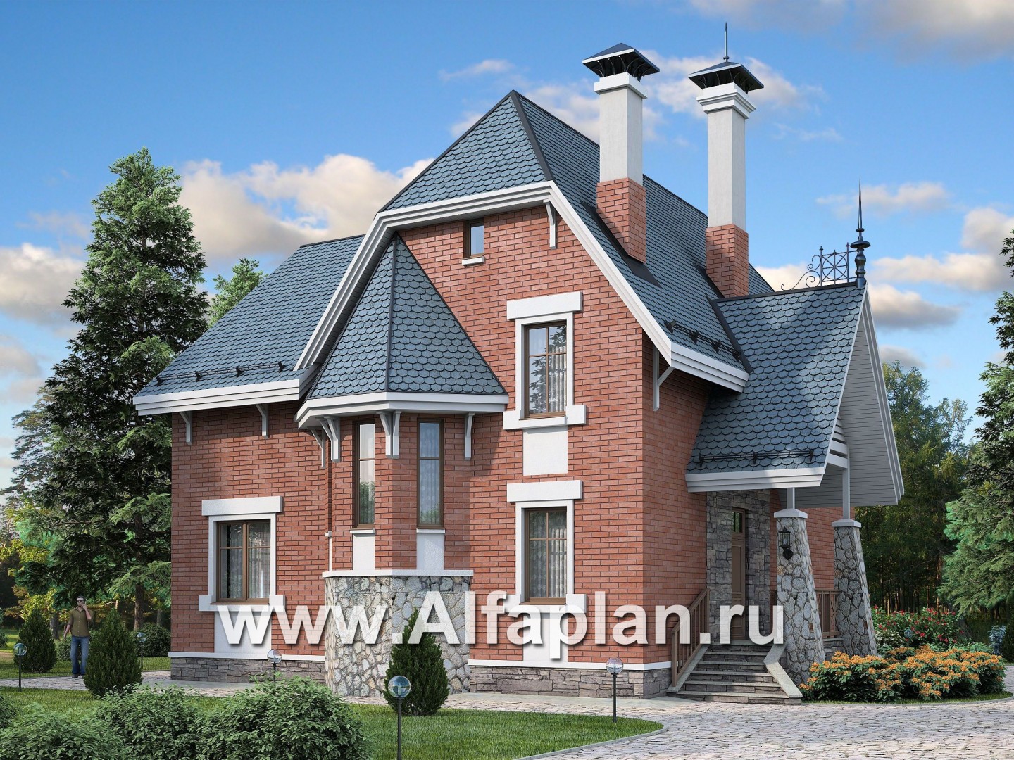 Проекты домов Альфаплан - «Лавиери»- проект дома с изящным крыльцом и эркером - основное изображение