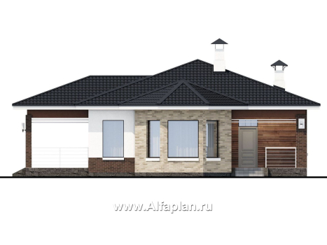 Проекты домов Альфаплан - «Гемера» - стильный одноэтажный дом с эркером и террасой - превью фасада №1