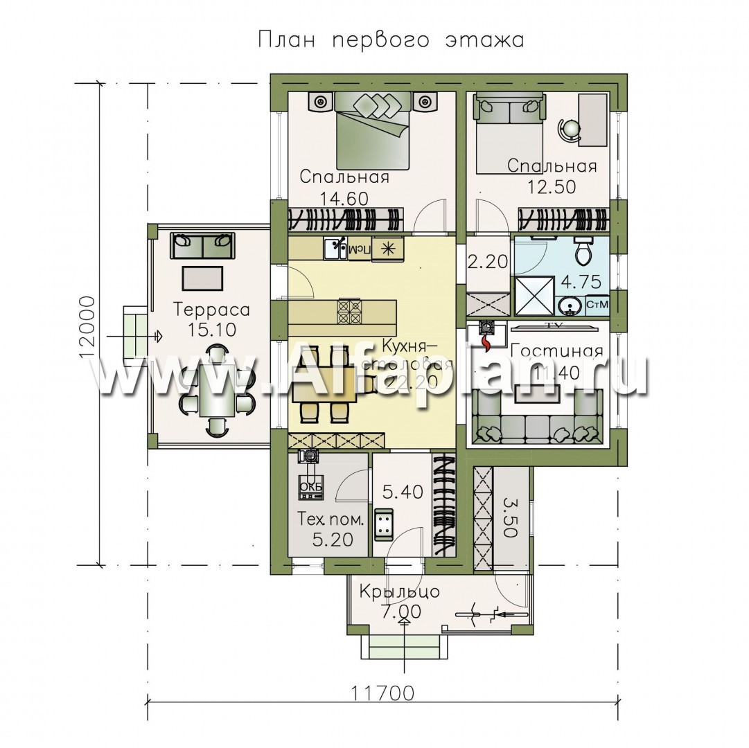 Проекты домов Альфаплан - «Мелета» - компактный и уютный одноэтажный дом с двумя спальнями - план проекта №1