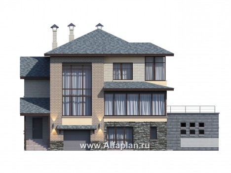 «Амур» - проект трехэтажного дома, с  гаражом в цоколе и с сауной, с двусветной гостиной, с бассейном - превью фасада дома