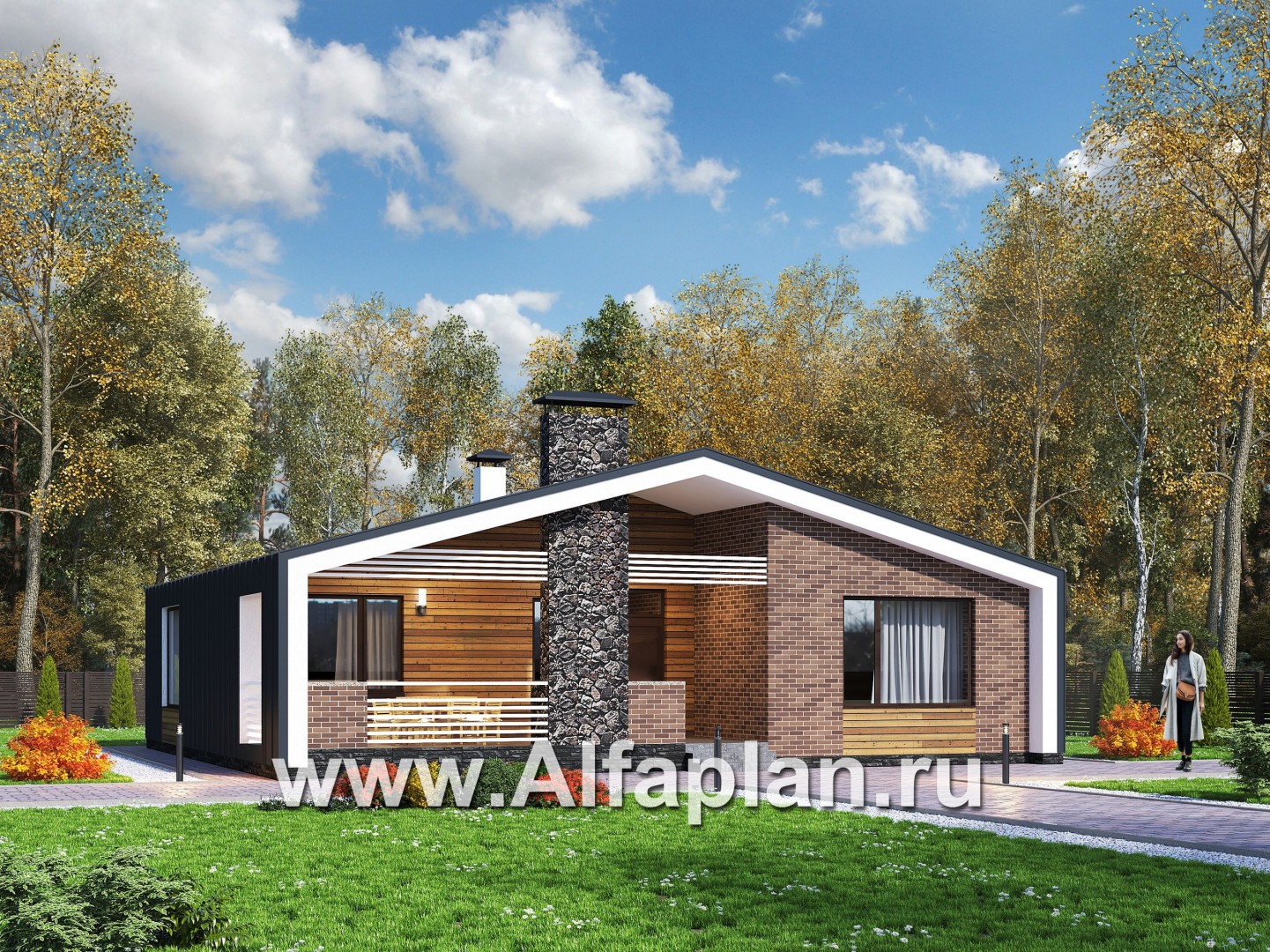 Проекты домов Альфаплан - «Веда» - проект одноэтажного дома с сауной в стиле барн - основное изображение