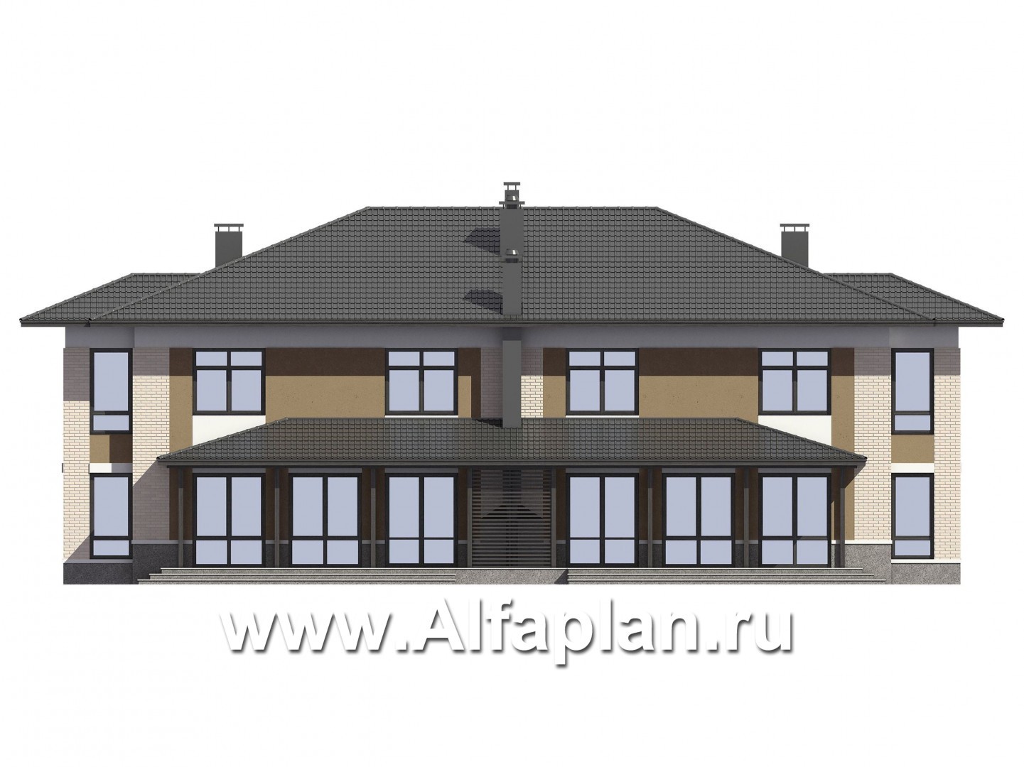 Проекты домов Альфаплан - Проект дома на две семьи с большими террасами-барбекю - изображение фасада №3