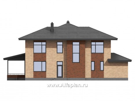 Проект двухэтажного коттеджа, планировка с кабинетом и с гаражом, с террасой, в современном стиле - превью фасада дома