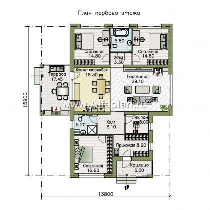 «Притяжение» - проект одноэтажного дома из газобетона, с террасой, 3 спальни - превью план дома