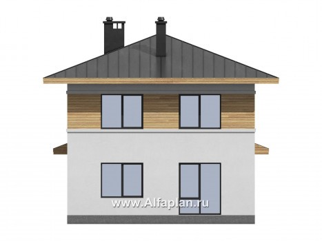Проект двухэтажного дома из газобетона, планировка с кабинетом на 1 эт и с террасой, в современном стиле - превью фасада дома