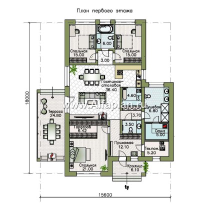«Юкон» - проект одноэтажного коттеджа из газобетона, планировка дома с террасой и сауной - превью план дома