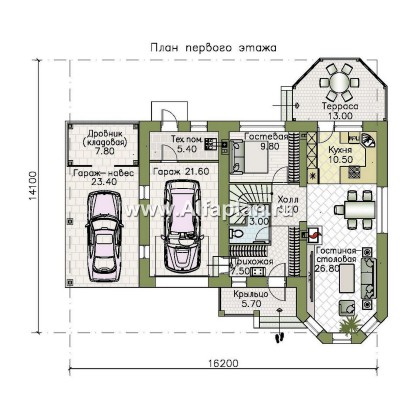 «Аврора» - проект двухэтажного дома из газобетона с эркером, с террасой и гаражом - превью план дома