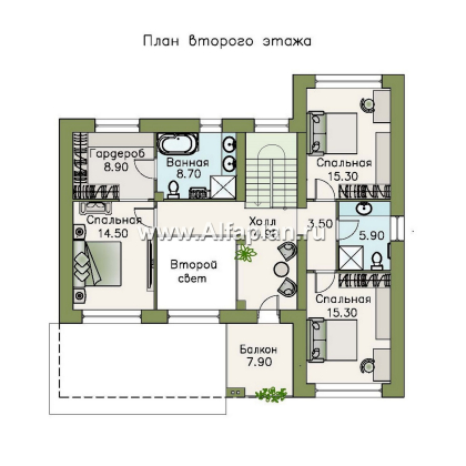 «Ренуар» - проект двухэтажного дома, планировка с двумя спальнями на 1 эт и вторым светом, фасад штукатурка - превью план дома