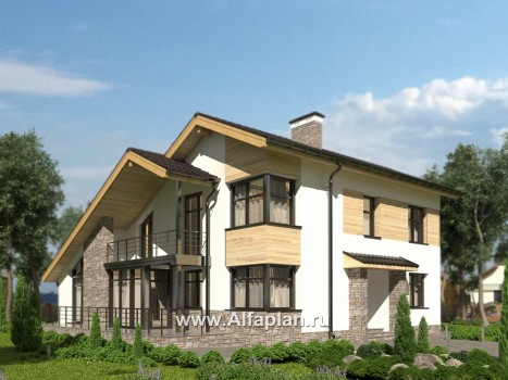 Проект дома с мансардой, план 2 спальни и сауна на 1 эт, с террасой, в стиле хай-тек - превью дополнительного изображения №1