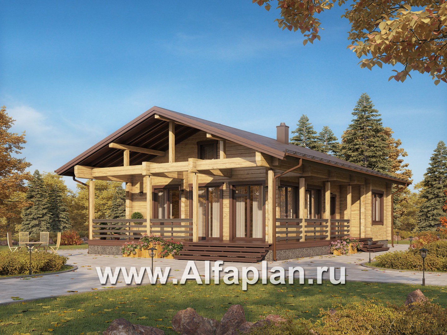Проекты домов Альфаплан - Удобная современная дача с большой угловой террасой - основное изображение