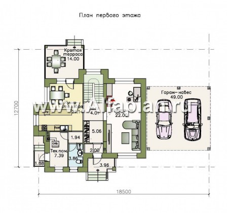 Проекты домов Альфаплан - «Verum» - двуxэтажный коттедж с компактным планом и навесом  для машин - превью плана проекта №1