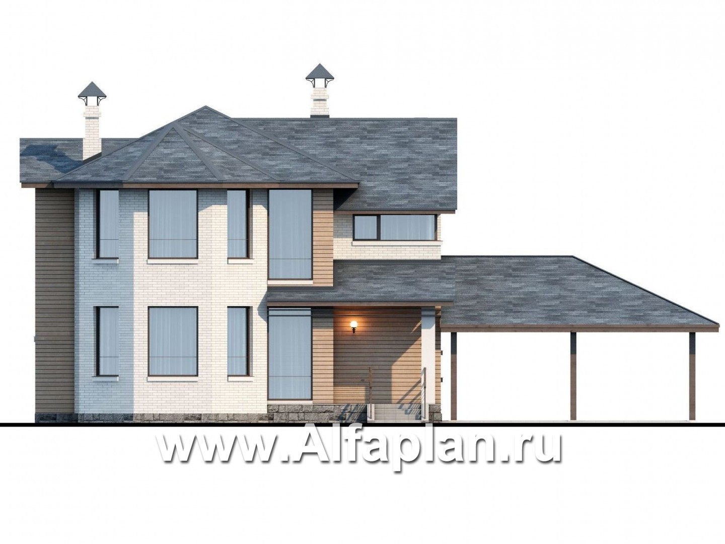 Проекты домов Альфаплан - «Безоблачный край» - коттедж с эркером и навесом для машин - изображение фасада №1