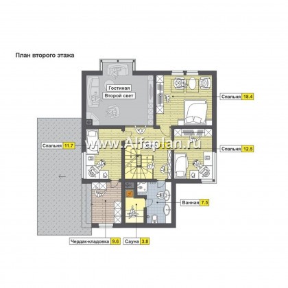 Проект каркасного двухэтажного дома с мансардой, план со спальней на 1 эт и с террасой, навес на 1 авто, в современном стиле - превью план дома