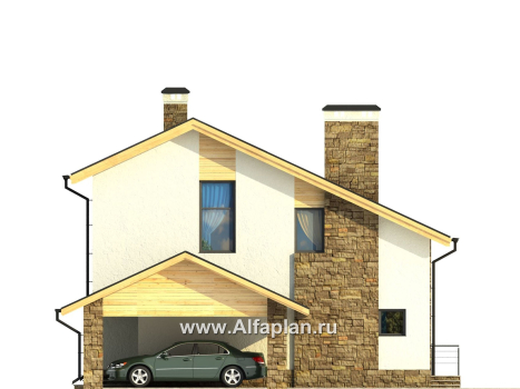 Проект дома с мансардой, с сауной и биллиардной в цоколе, с террасой, кирпичный коттедж в стиле хай-тек - превью фасада дома
