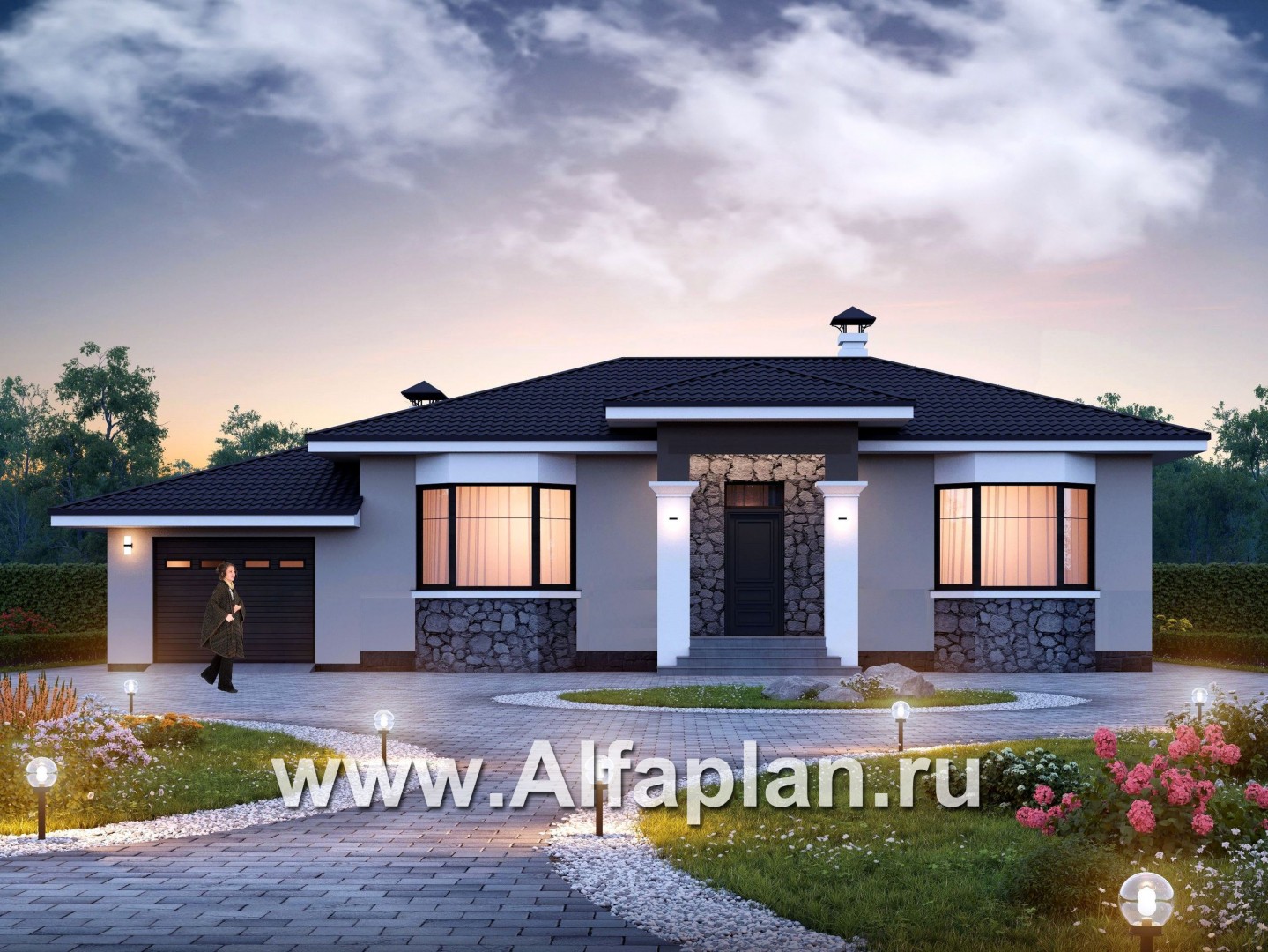 Проекты домов Альфаплан - "Новый свет" - проект одноэтажного дома с гаражом для небольшой семьи - основное изображение
