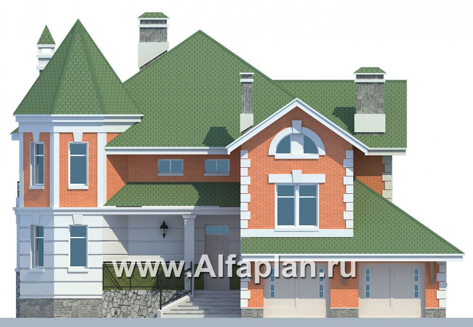 Проекты домов Альфаплан - «Паркон» - коттедж с угловой башенкой - изображение фасада №1