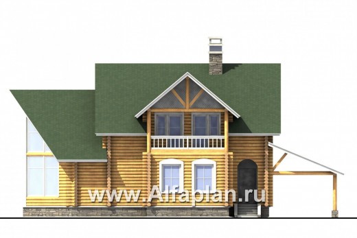 «Новая Традиция» - проект деревянного дома с мансардой, из бревен, с треугольной верандой и навесом на 1 авто - превью фасада дома