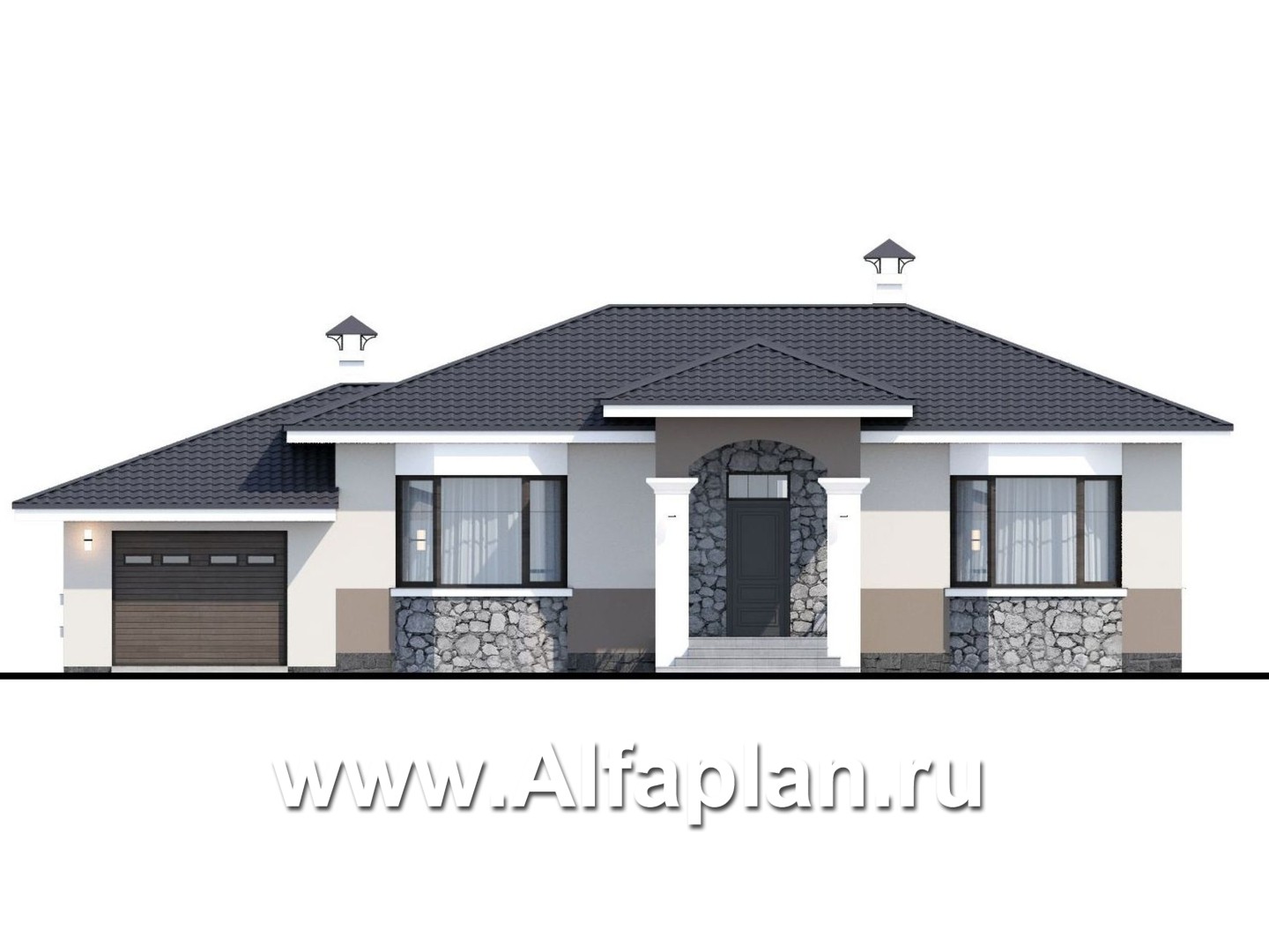 Проекты домов Альфаплан - "Новый свет" - проект одноэтажного дома с гаражом для небольшой семьи - изображение фасада №1