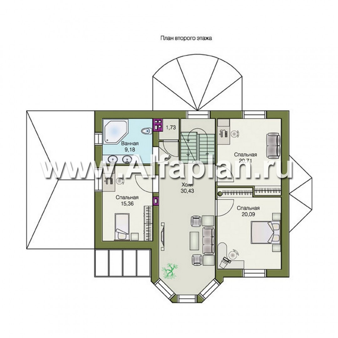 Проекты домов Альфаплан - «Фаворит» - коттедж с эркером и навесом для машины - изображение плана проекта №2