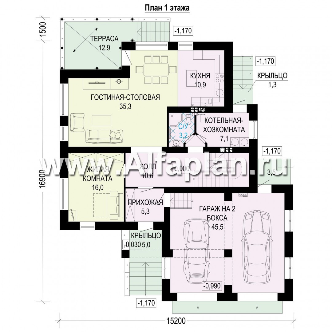 Проекты домов Альфаплан - Двухэтажный коттедж с гаражом на 2 машины - план проекта №2