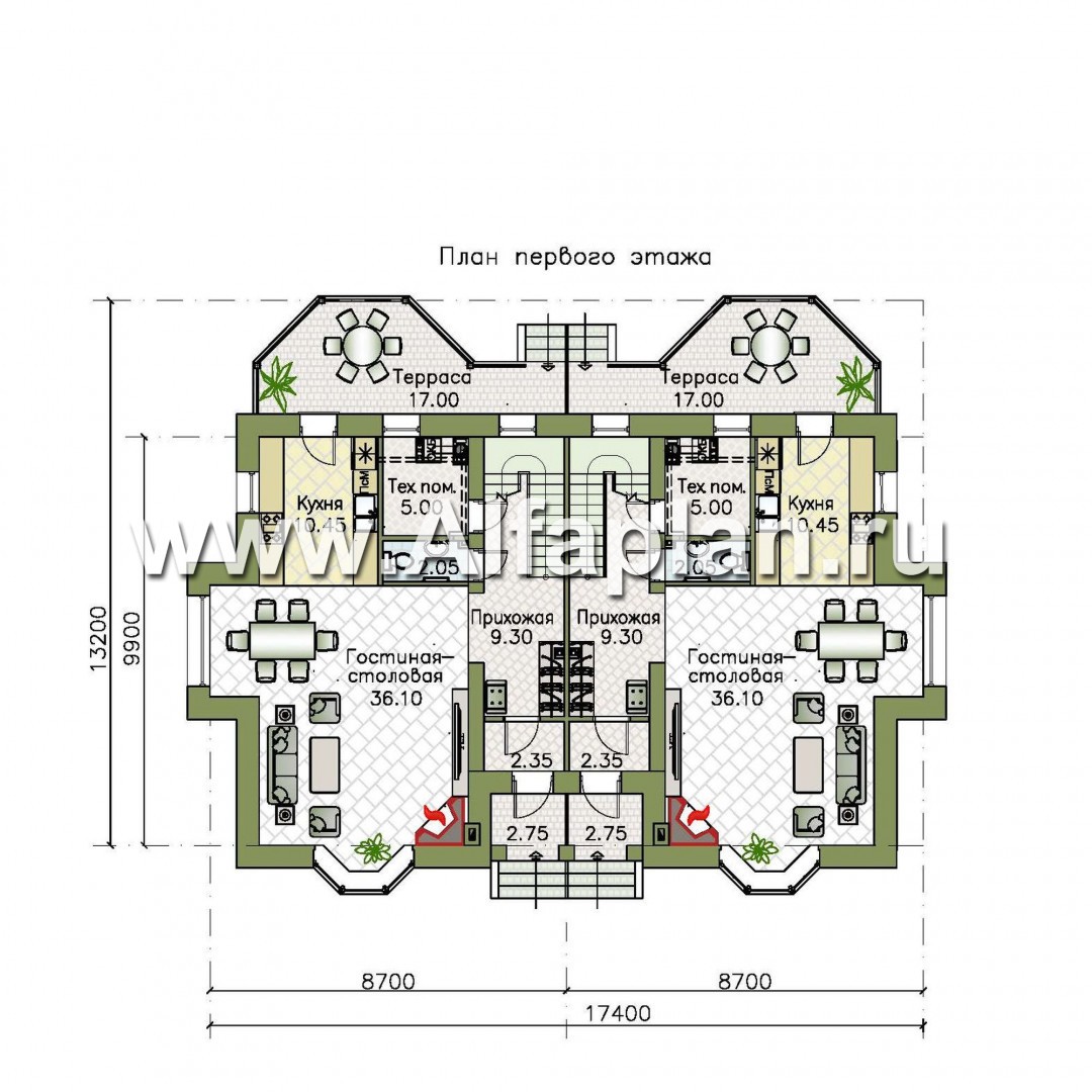 Проекты домов Альфаплан - «Дуэт» - коттедж на две семьи в европейском стиле - план проекта №1