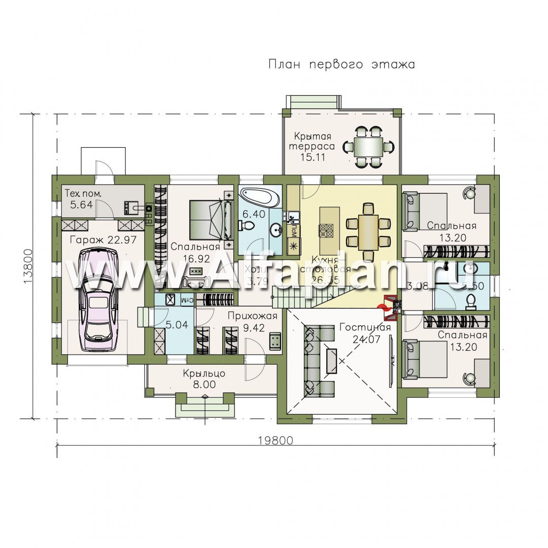 Проекты домов Альфаплан - «Волга» - коттедж с 3-я жилыми комнатами на 1 этаже, жилой мансардой и гаражом - изображение плана проекта №1