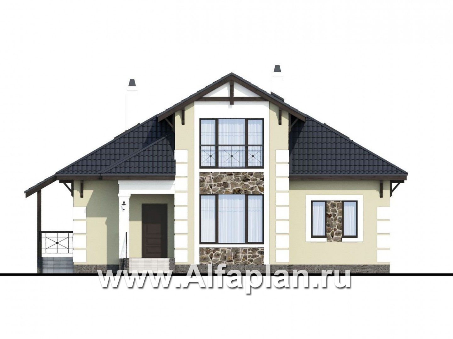 Проекты домов Альфаплан - «Простоквашино» - дом для маленького участка с жилой мансардой - изображение фасада №1