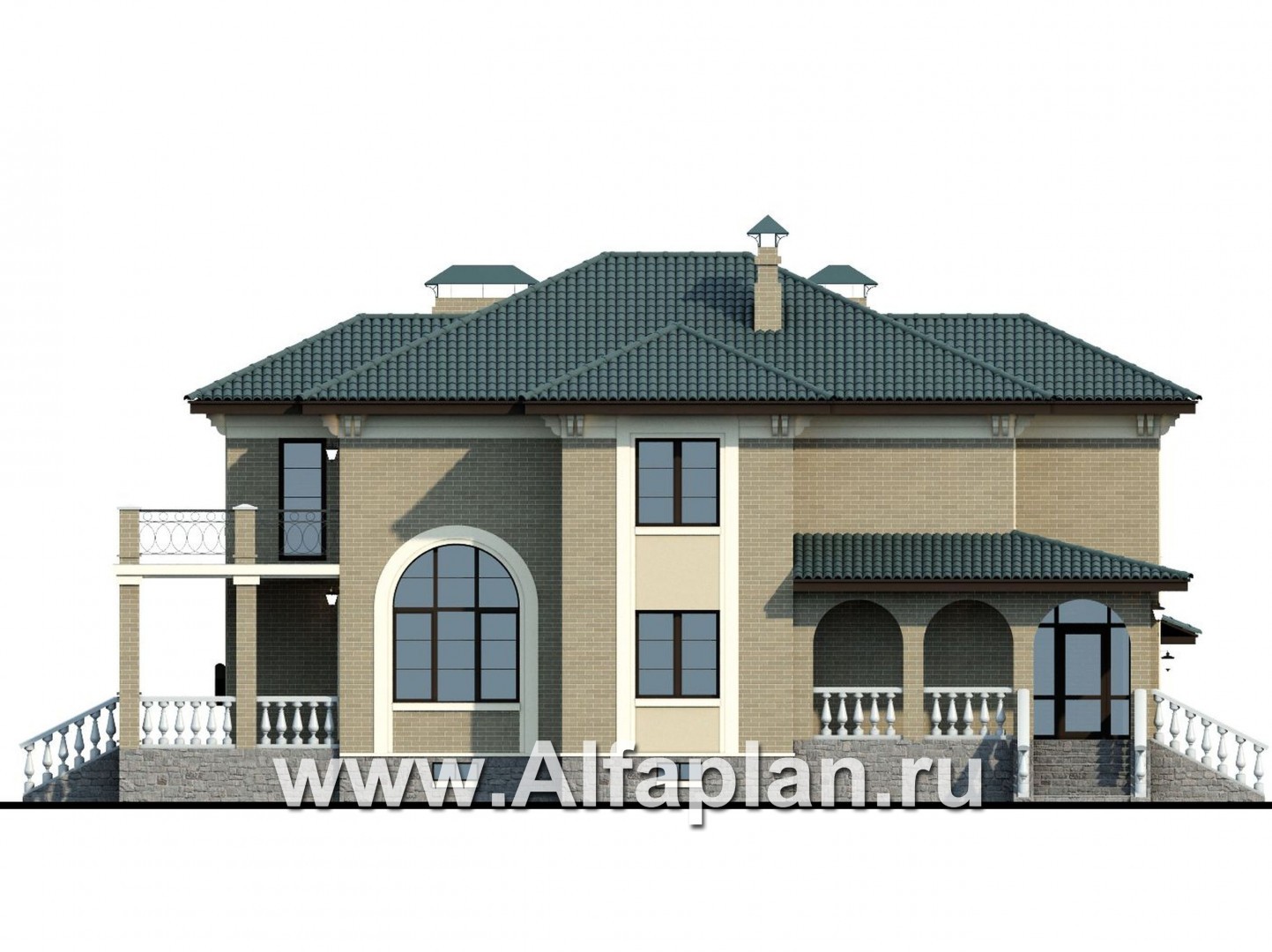 Проекты домов Альфаплан - «Беатрис плюс»- респектабельный коттедж с цокольным этажом - изображение фасада №3