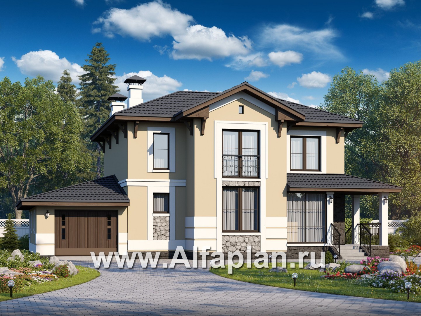 Проекты домов Альфаплан - «Невский стиль» - удобный и красивый двухэтажный дом с гаражом - основное изображение