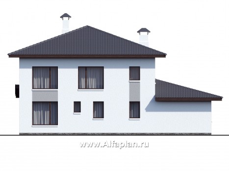 «Пикассо» - проект двухэтажного дома, с террасой и балконом, с гостевой пристройкой и сауной - превью фасада дома