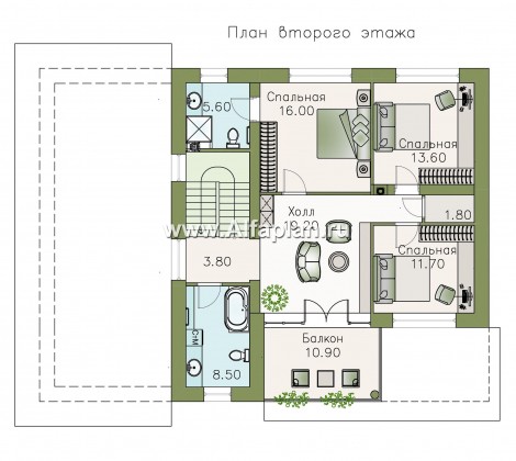«Пикассо» - проект двухэтажного дома, с террасой и балконом, с гостевой пристройкой и сауной - превью план дома