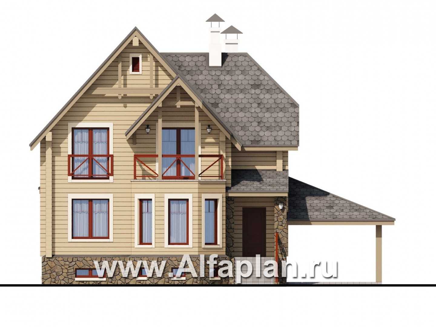 «АльфаВУД» - проект дома с мансардой, из дерева, из клееного бруса, с цокольным этажом - фасад дома