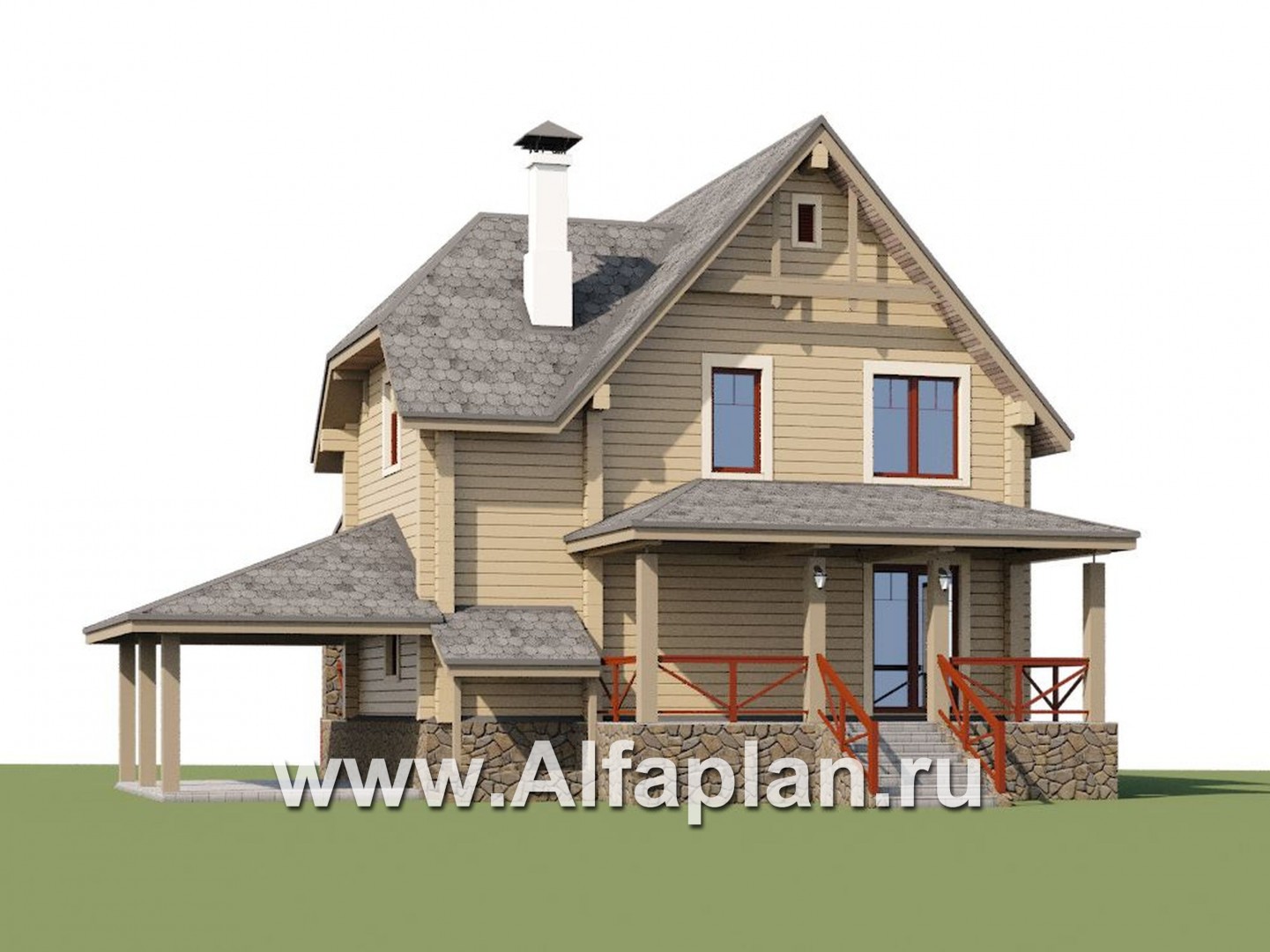 «АльфаВУД» - проект дома с мансардой, из дерева, из клееного бруса, с цокольным этажом - дизайн дома №1