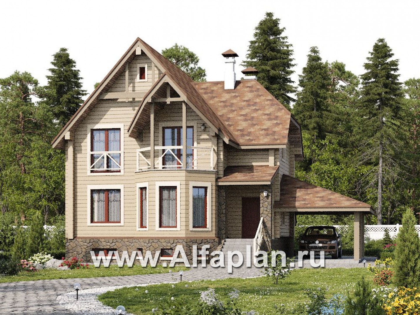 «АльфаВУД» - проект дома с мансардой, из дерева, из клееного бруса, с цокольным этажом - дизайн дома №2
