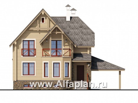 «АльфаВУД» - проект дома с мансардой, из дерева, из клееного бруса, с цокольным этажом - превью фасада дома