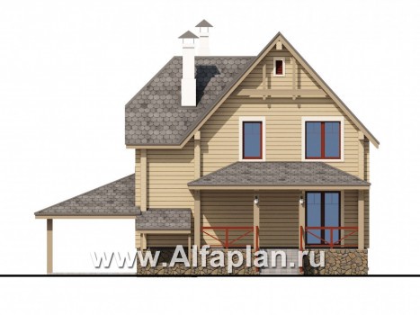 «АльфаВУД» - проект дома с мансардой, из дерева, из клееного бруса, с цокольным этажом - превью фасада дома