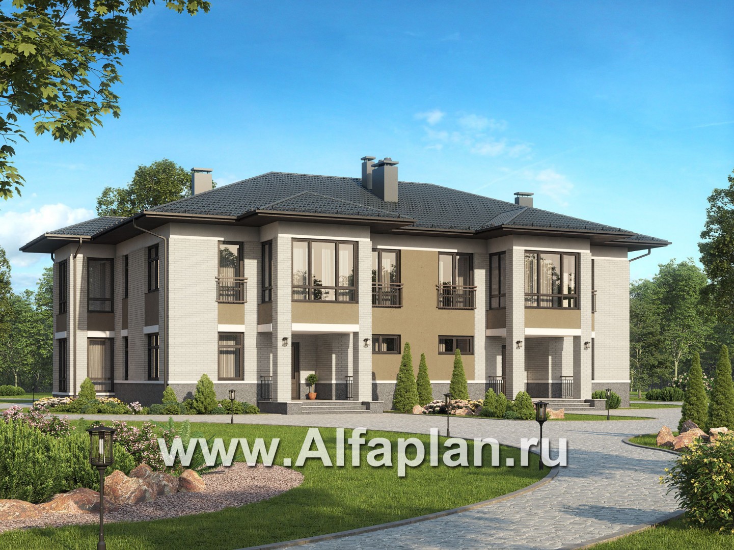 Проекты домов Альфаплан - Дом на две семьи с большими террасами-барбекю - основное изображение