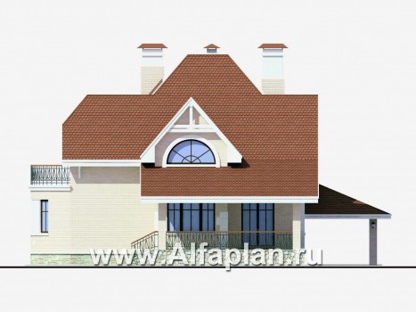 Проекты домов Альфаплан - «Ветер перемен»- коттедж с гаражом и навесом для автомобиля - превью фасада №2